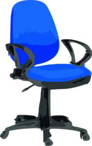 Blue and black adjustable office chair with arm rests and casters