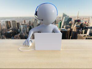 Animation of person at laptop wearing a headset