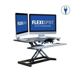 The Flexispot EM7 standing desk converter with dual monitors, keyboard and mouse