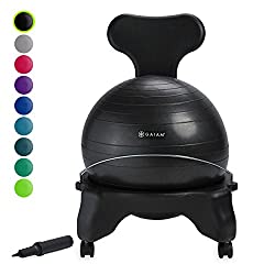 Black Gaiam Classic Balance Ball Chair with inflating pump and range of colours to the left