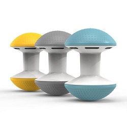 Three Humanscale Ballo chairs in yellow, gray and blue colours against a white background