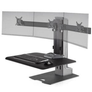 Column style standing desk converter with triple monitor mounts