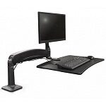 Black hovering standing desk converter with keyboard and single monitor
