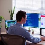 Back view of man sitting at desk focused on dual monitors