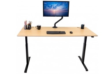 Lander Lite standing desk model in maple desktop with black frame