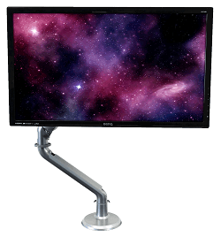 Silver monitor arm supporting a single monitor