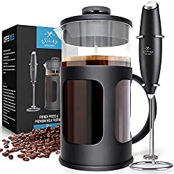 Coffee press with milk frother, coffee beans and presentation box