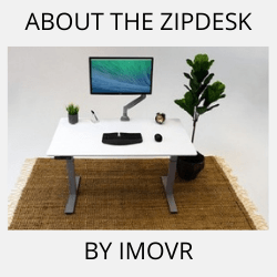 iMovR ZipDesk with keyboard and monitor with surrounding text reading About the ZipDesk by iMovR