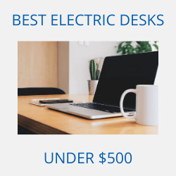 Desk with laptop and mug on top amid heading best electric desks under $500