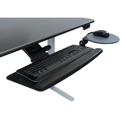 Black desk with black keyboard tray and mouse mat attached to side