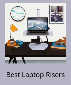 Laptop riser with desk lamp, clock and image in the background above text reading Best Laptop Risers