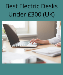 Woman working on laptop at standing desk with text above reading Best Electric Desks Under £300 UK
