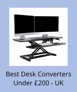 Dual monitor standing desk converter in black with text reading "Best Desk Converters Under £200 - UK"