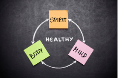 Sticky notes reading mind, body, spirit surrounding the word healthy