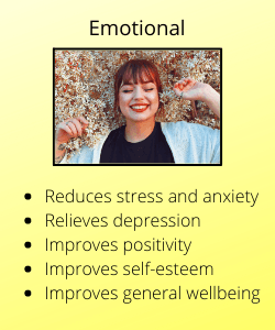 Woman smiling with text listing the emotional benefits of meditation