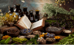 Herbs, flowers and essential oils laid out around an open book