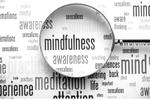 Word cloud with magnifying glass on the words mindfulness, awareness, meditation and sensations