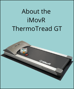iMovR ThermoTread GT office treadmill against a blue background with text reading "About the iMovR ThermoTread GT"