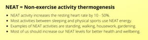 Yellow text box containing an overview of what NEAT is i.e. non-exercise activity thermogenesis
