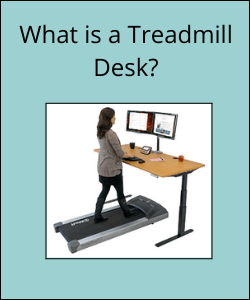 Woman walking on treadmill whilst working at a desk with text reading "What is a Treadmill Desk"