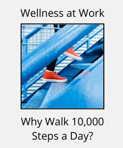 Red sneakers walking up blue stairs with text reading "Why Walk 10,000 Steps a Day"