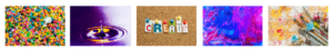 Colorful images of beads, a water droplet, an abstract pattern and paintbrushes surround the word "create"