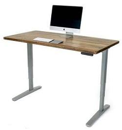 Electric lift standing desk with grey frame and wooden desktop
