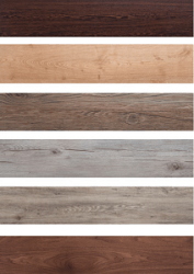 6 strips of laminated wood with different color finishes