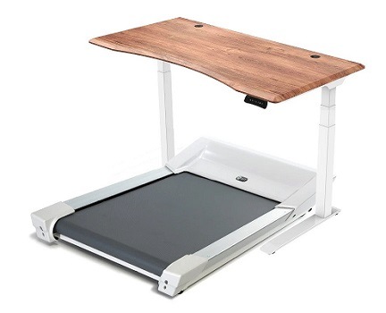 Unsit Treadmill paired with standing desk featuring teak top and white frame