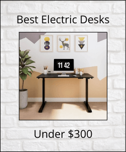 Electrid standing desk in center with text reading "Best Electric Desks Under $300"