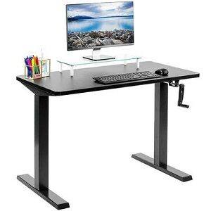 Black crank adjusting standing desk with keyboard, mouse, monitor and pen pot