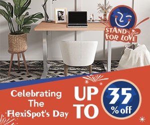 Standing desk in a home office with text underneath reading "Celebrating The FlexiSpot's Day"