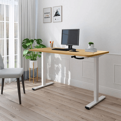 FlexiSpot crank adjusting standing desk in a home office