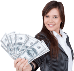 Woman holding a handful of dollars towards the viewer