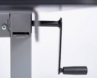 Black side crank handle on a grey standing desk frame