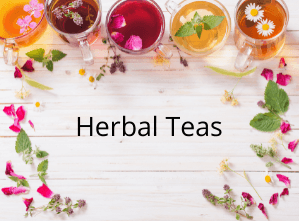 Cups of colorful liquid with text reading "herbal teas"