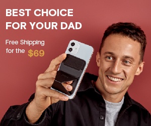 Man holding mobile phone which is attached to a portable stand with text reading "Best Choice for Your Dad" relating to Father's Day discount