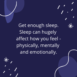 A blue background with text explainin the importance of getting enough sleep
