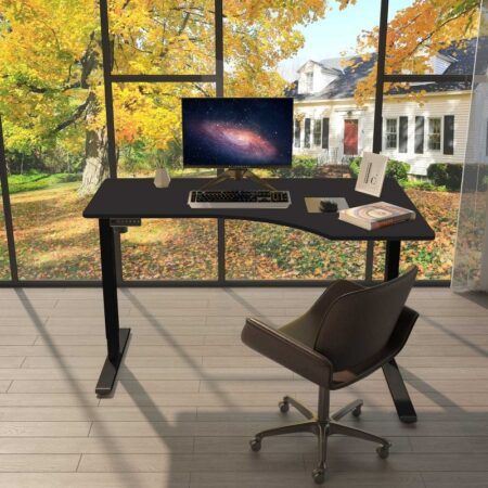FlexiSpot L-shaped standing desk with black frame and desktop