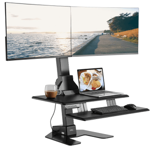 Two tier electric standing desk converter with dual 32" monitors