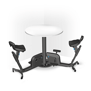 Dual bike desk with circular desk in the center and an under desk bike on each side