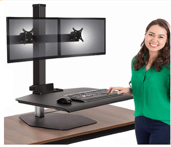 StandSteady dual monitor riser with screen mounts, keyboard and mouse