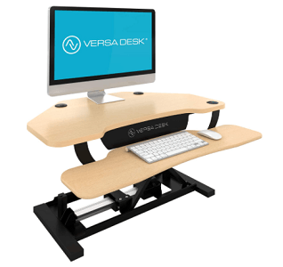 VersaDesk Power Pro Corner 36 standing desk converter with maple worktops and black frame
