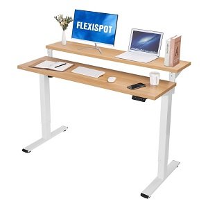 Flexispot dual tier duplex standing desk with light wood top and white frame