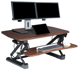 Dual tier, double monitor workstation with grey frame and walnut finish tops