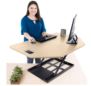Single tier corner riser with maple desktop and black frame