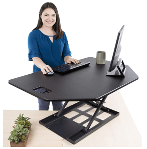 Black single tier desk riser with corner shaped design